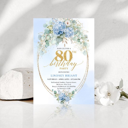 Luxury Dusty Blue Floral Gold 80th Birthday Invite Kaart