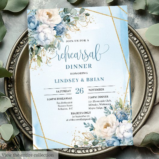 Luxury Dusty Blue Floral Gold Rehearsal Invitation Kaart