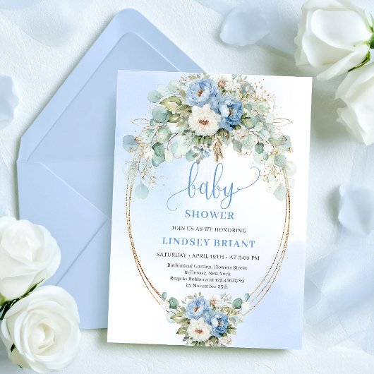 Luxury Dusty Blue Flowers Eucalyptus Gold Baby  Kaart