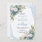 Luxury Dusty Blue Gold Flowers Wedding Invitation Kaart (Voorkant)