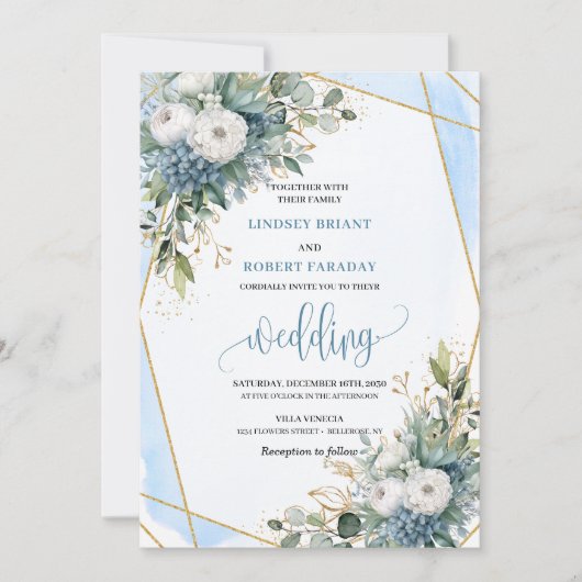 Luxury Dusty Blue Gold Flowers Wedding Invitation Kaart (Voorkant)