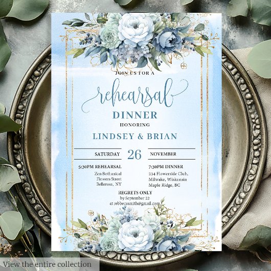 Luxury Dusty Blue Gold Frame Rehearsal Invitation Kaart