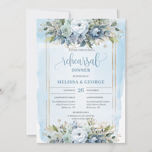 Luxury Dusty Blue Gold Frame Rehearsal Invitation Kaart (Voorkant)