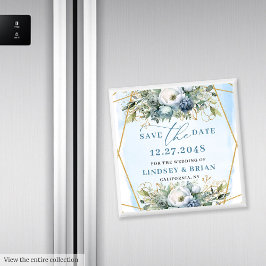 Luxury Dusty Blue Gold Glitter Save Date Magnet