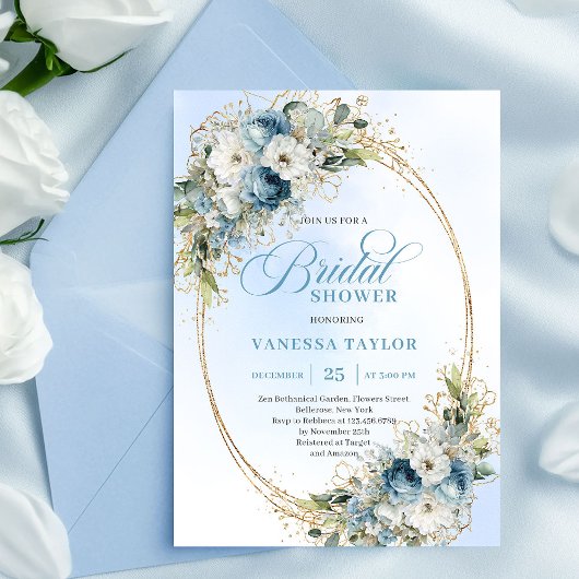 Luxury Dusty Blue Greenery Floral Bridal Shower Kaart