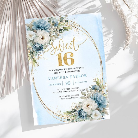 Luxury Dusty Blue Greenery Sweet 16th Birthday  Kaart