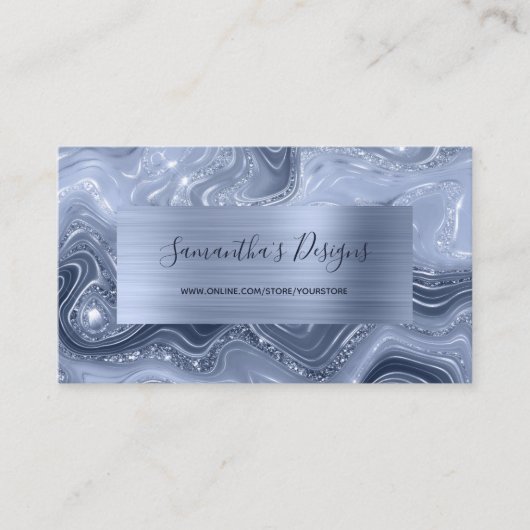 Luxury Dusty Blue Marble Agate Glam Visitekaartje (Voorkant)