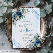 Luxury Dusty Blue Silver Floral Wedding Invitation Kaart