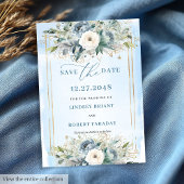 Luxury Dusty Blue White Gold Peonies Save The Date Kaart