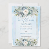 Luxury Dusty Blue White Gold Peonies Save The Date Kaart (Voorkant)