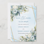 Luxury Dusty Blue White Gold Peonies Save The Date Kaart (Voorkant)