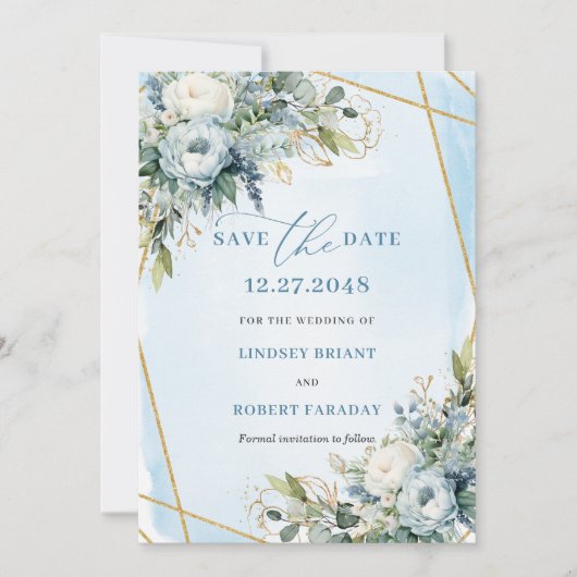Luxury Dusty Blue White Gold Peonies Save The Date Kaart (Voorkant)