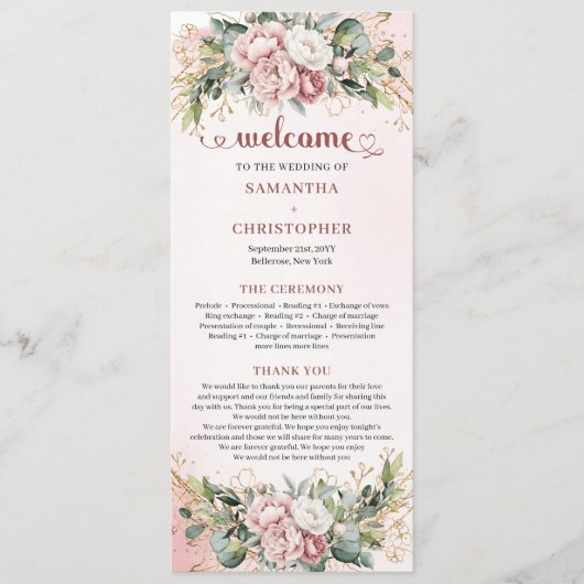 Luxury Dusty Pink Floral Greenery Wedding Program Programmakaart (Voorkant)