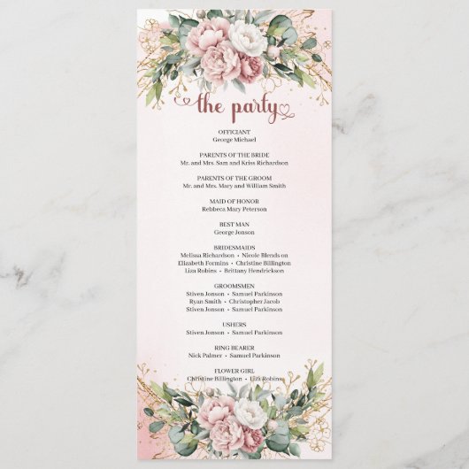 Luxury Dusty Pink Floral Greenery Wedding Program Programmakaart (Achterkant)