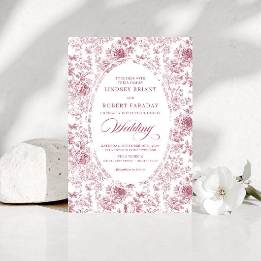 Luxury Dusty Pink French Toile Wedding Invitation Kaart