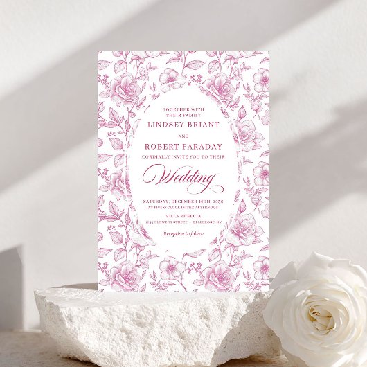 Luxury Dusty Pink Toile Roses Wedding Invitation Kaart