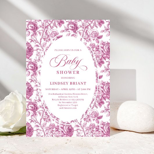 Luxury Dusty Rose Floral Toile Baby Shower Invite Kaart