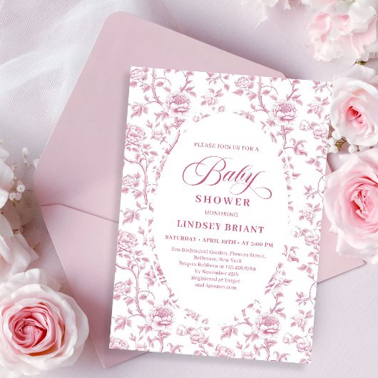 Luxury Dusty Rose Floral Toile Baby Shower Invite Kaart