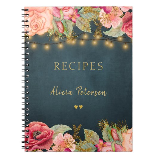 Luxury elegant blush navy gold floral recipe book notitieboek (Voorkant)