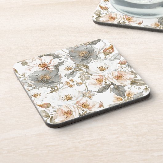 Luxury, Elegant, Gold Grey Flowers Pattern  Bier Onderzetter (Linkerzijde)