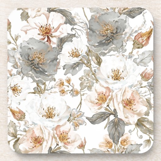 Luxury, Elegant, Gold Grey Flowers Pattern  Bier Onderzetter (Voorkant)