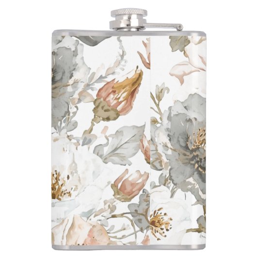 Luxury, Elegant, Gold Grey Flowers Pattern Heupfles (Achterkant)