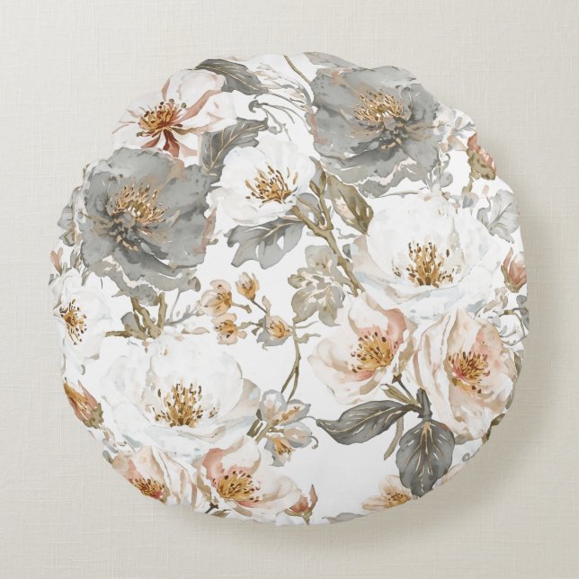 Luxury, Elegant, Gold Grey Flowers Pattern  Rond Kussen (Voorkant)
