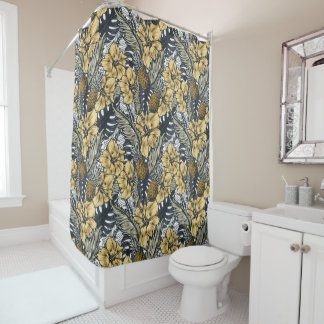 Luxury Elegant Gold N' Black Tropical Flowers Douchegordijn