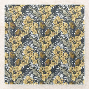 Luxury Elegant Gold N' Black Tropical Flowers Glazen Onderzetter