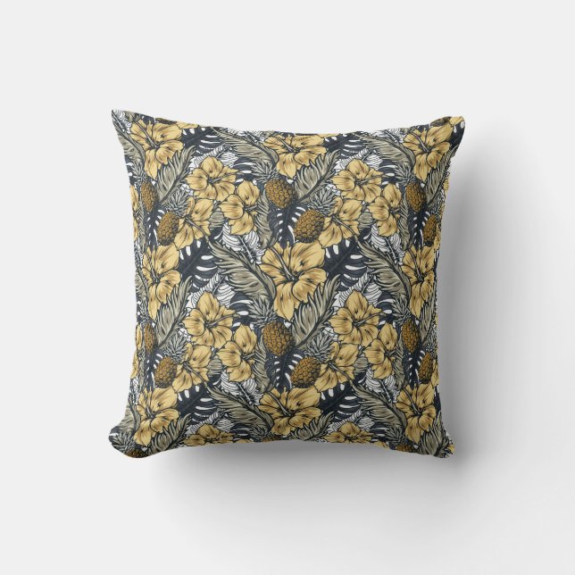 Luxury Elegant Gold N' Black Tropical Flowers Kussen (Voorkant)