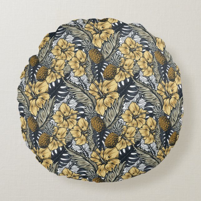 Luxury Elegant Gold N' Black Tropical Flowers Rond Kussen (Voorkant)