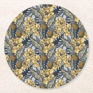 Luxury Elegant Gold N' Black Tropical Flowers Ronde Kartonnen Onderzetter