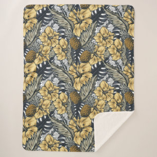 Luxury Elegant Gold N' Black Tropical Flowers Sherpa Deken