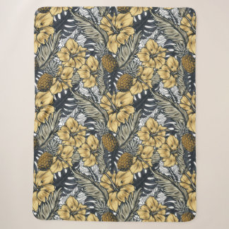 Luxury Elegant Gold N' Black Tropical Flowers Sherpa Deken