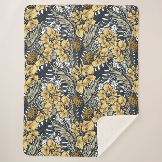 Luxury Elegant Gold N' Black Tropical Flowers Sherpa Deken (Voorkant)