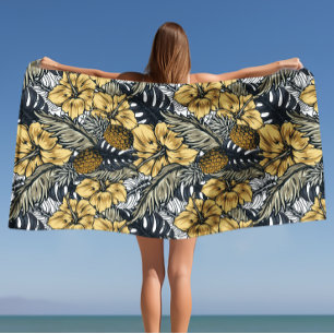 Luxury Elegant Gold N' Black Tropical Flowers Strandlaken