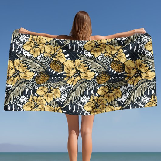 Luxury Elegant Gold N' Black Tropical Flowers Strandlaken