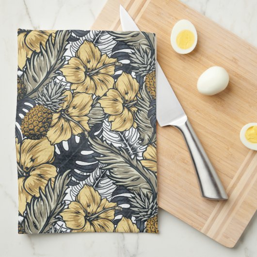 Luxury Elegant Gold N' Black Tropical Flowers Theedoek (Quarter Fold)