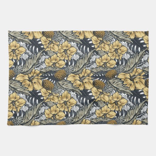 Luxury Elegant Gold N' Black Tropical Flowers Theedoek (Horizontaal)