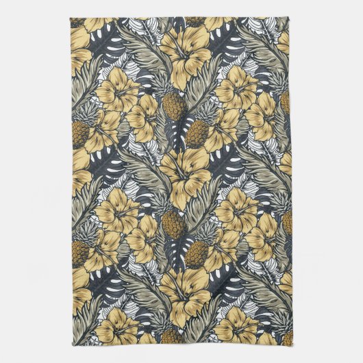 Luxury Elegant Gold N' Black Tropical Flowers Theedoek (Verticaal)