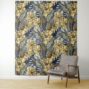 Luxury Elegant Gold N' Black Tropical Flowers Wandkleed