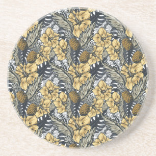 Luxury Elegant Gold N' Black Tropical Flowers Zandsteen Onderzetter