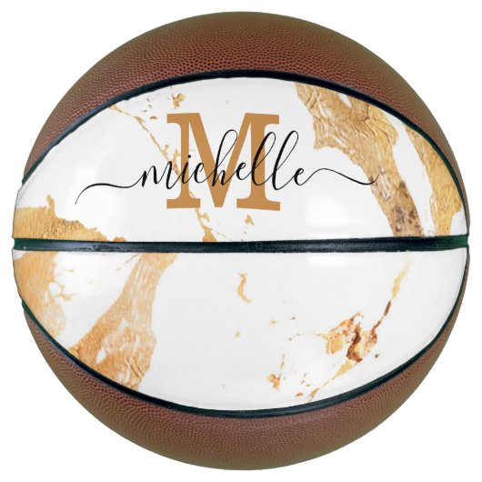 Luxury Elegant Monogrammed White Marble Gold Foil Basketbal (Voorkant)