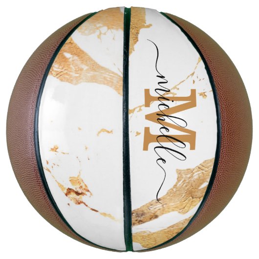 Luxury Elegant Monogrammed White Marble Gold Foil Basketbal (Verticaal)
