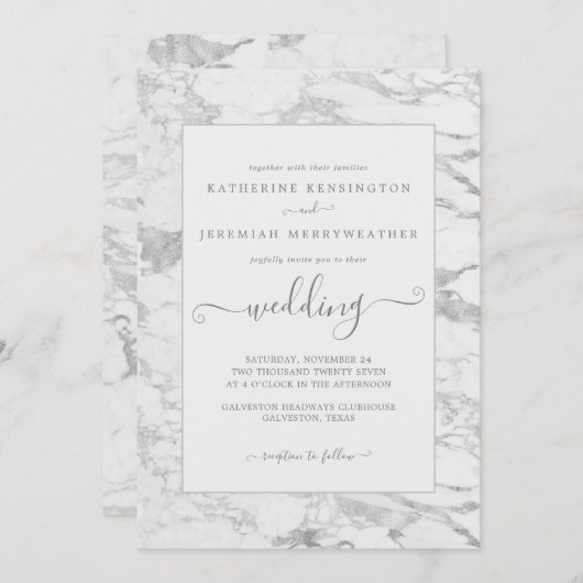 Luxury Elegant Silver Foil Marble Wedding Kaart (Voorkant / Achterkant)