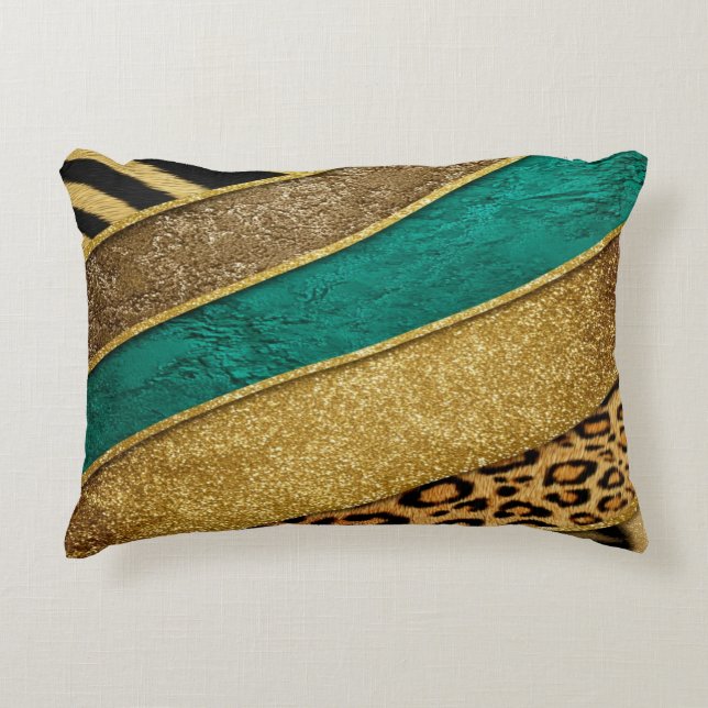 Luxury Emerald & Gold Safari Leopard Zebra Glitter Accent Kussen (Voorkant)