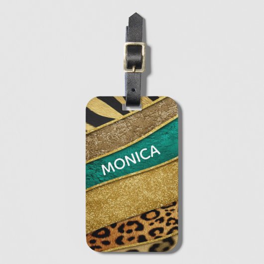 Luxury Emerald & Gold Safari Leopard Zebra Glitter Bagagelabel (Voorkant (verticaal))