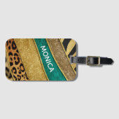 Luxury Emerald & Gold Safari Leopard Zebra Glitter Bagagelabel (Voorkant (horizontaal))