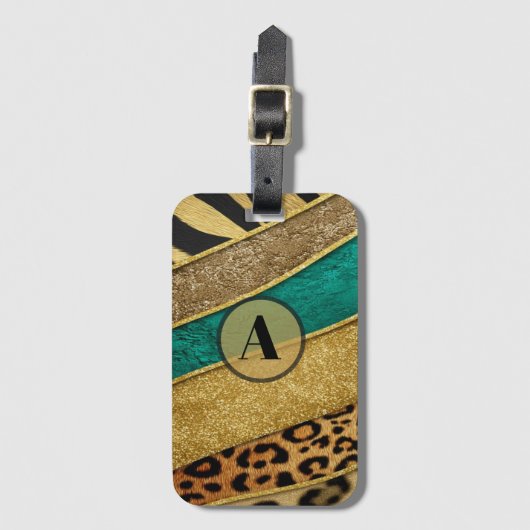 Luxury Emerald & Gold Safari Leopard Zebra Glitter Bagagelabel (Voorkant (verticaal))