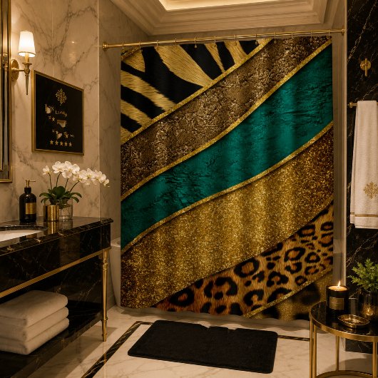 Luxury Emerald & Gold Safari Leopard Zebra Glitter Douchegordijn